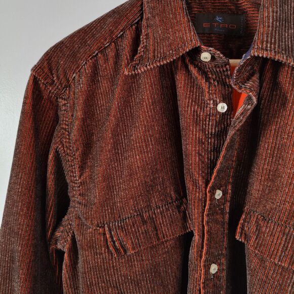 Etro Milano Corduroy Mens Size 42 Button Front Shirt Burnt Orange Made in Italy - Picture 4 of 6